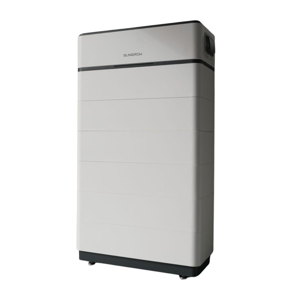 A light grey Sungrow stackable home battery, six modules high on a dark base